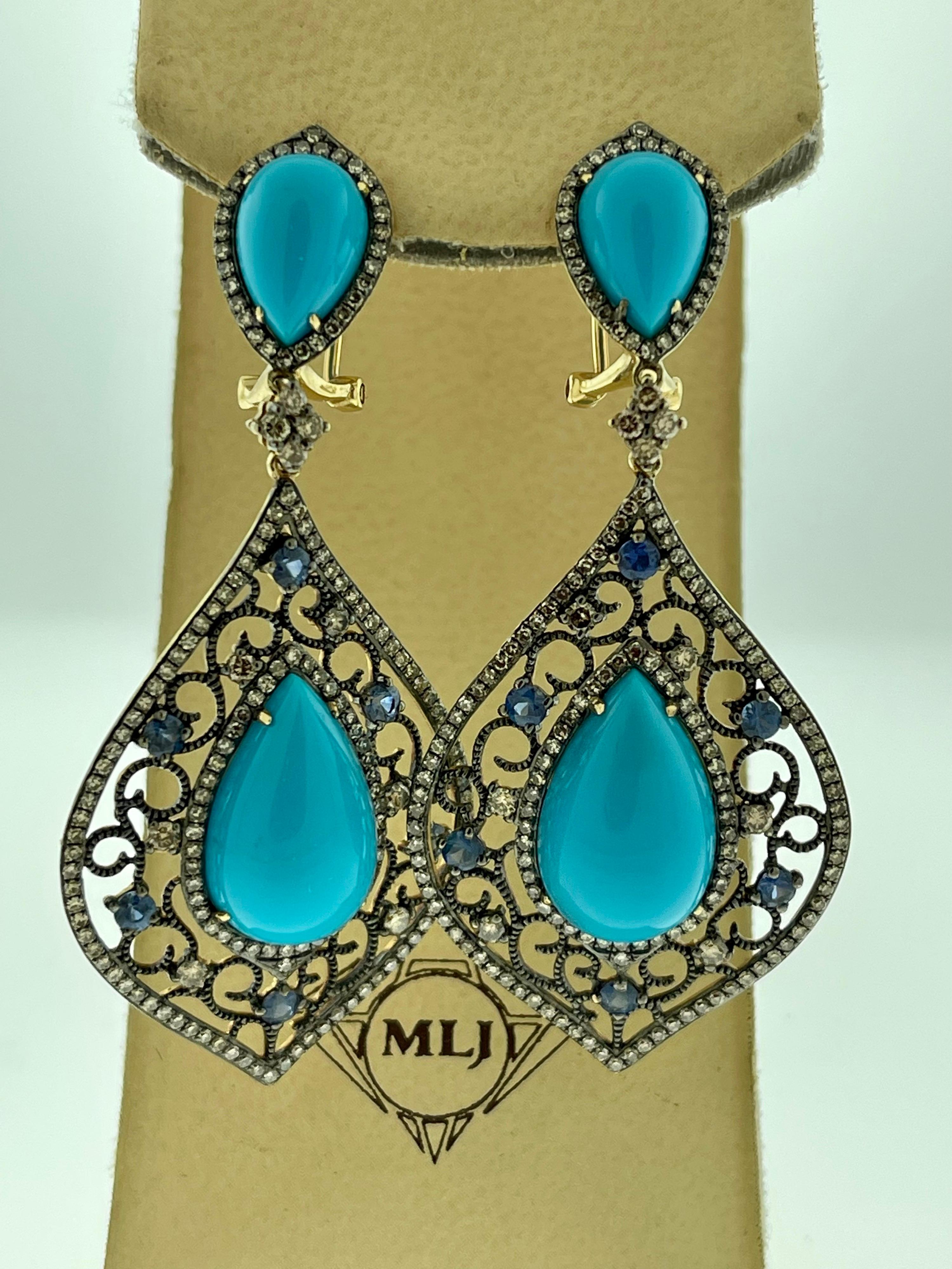 Women's Turquoise, Champagne Diamond & Sapphire Dangling Earring in 14 Karat Yellow Gold