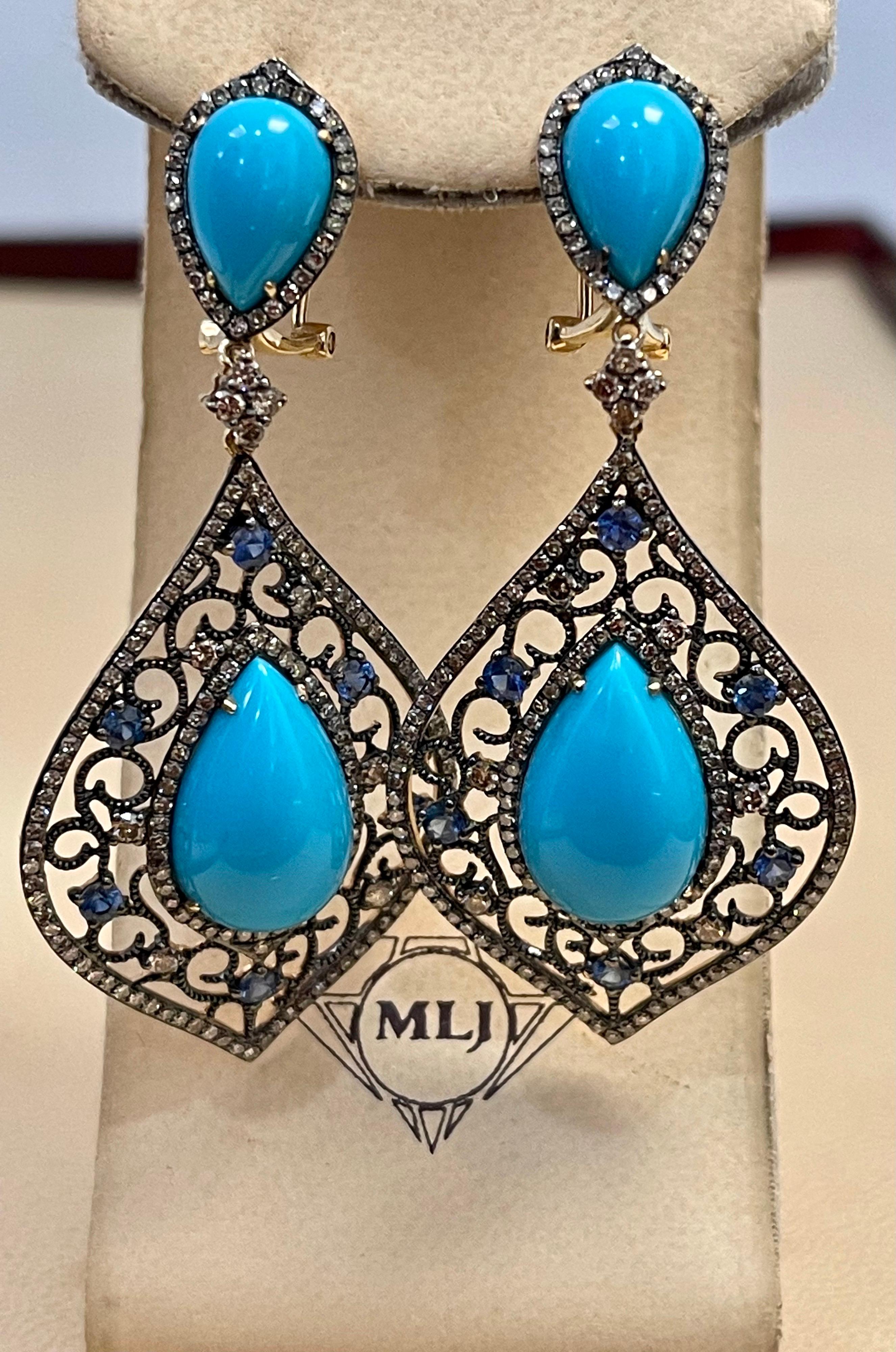 Turquoise, Champagne Diamond & Sapphire Dangling Earring in 14 Karat Yellow Gold 1