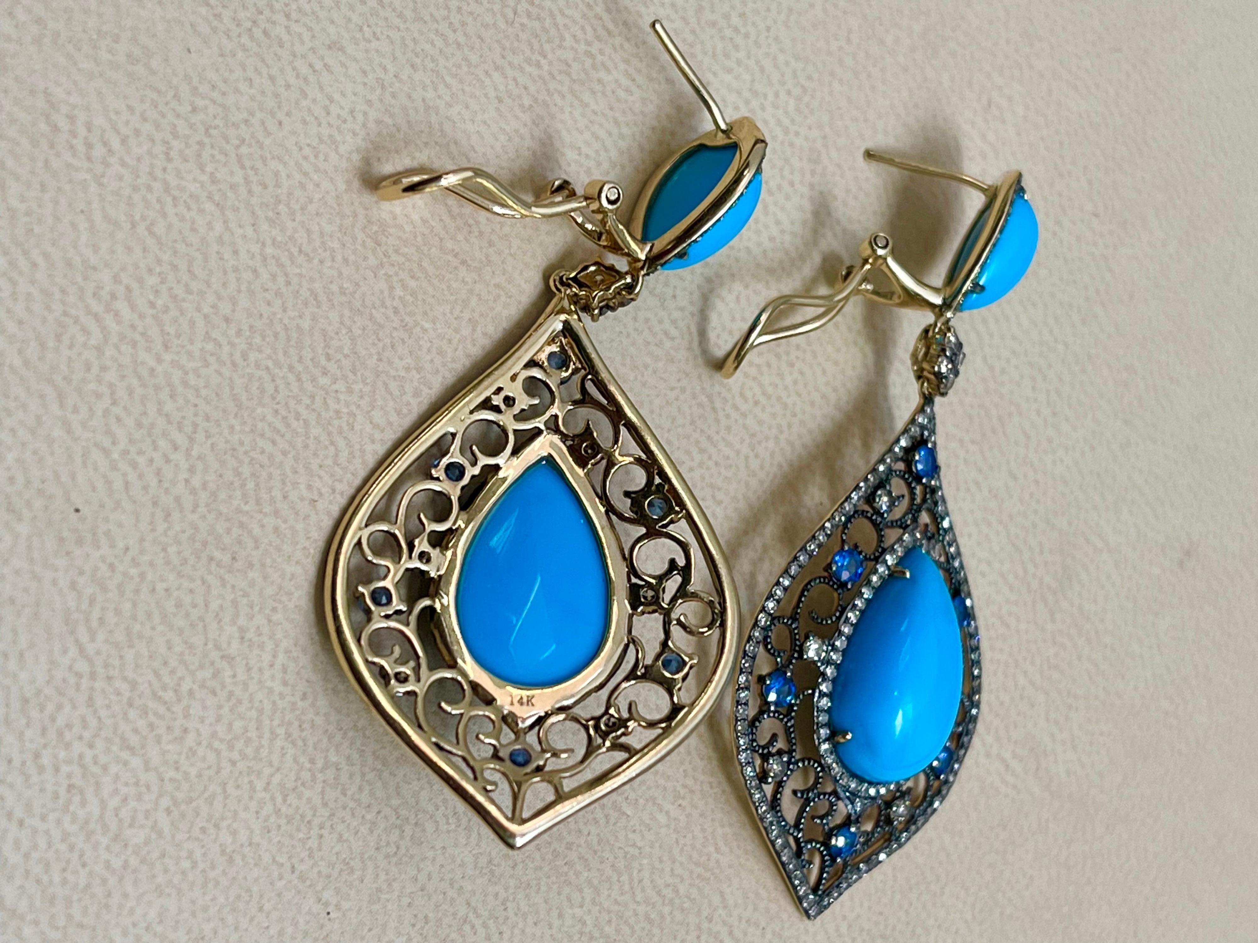 Turquoise, Champagne Diamond & Sapphire Dangling Earring in 14 Karat Yellow Gold 2