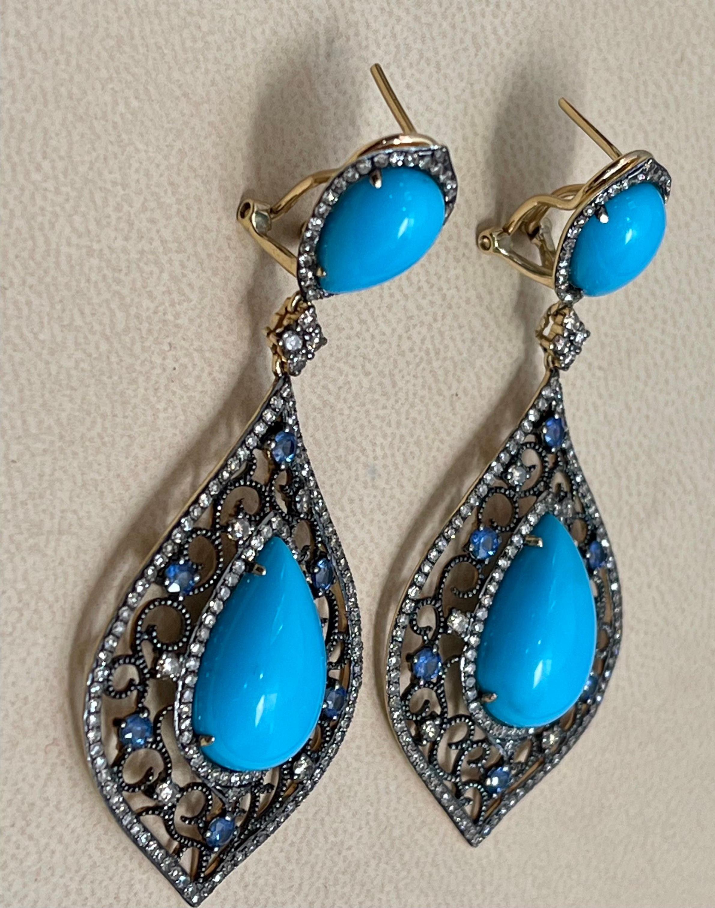 Turquoise, Champagne Diamond & Sapphire Dangling Earring in 14 Karat Yellow Gold 3