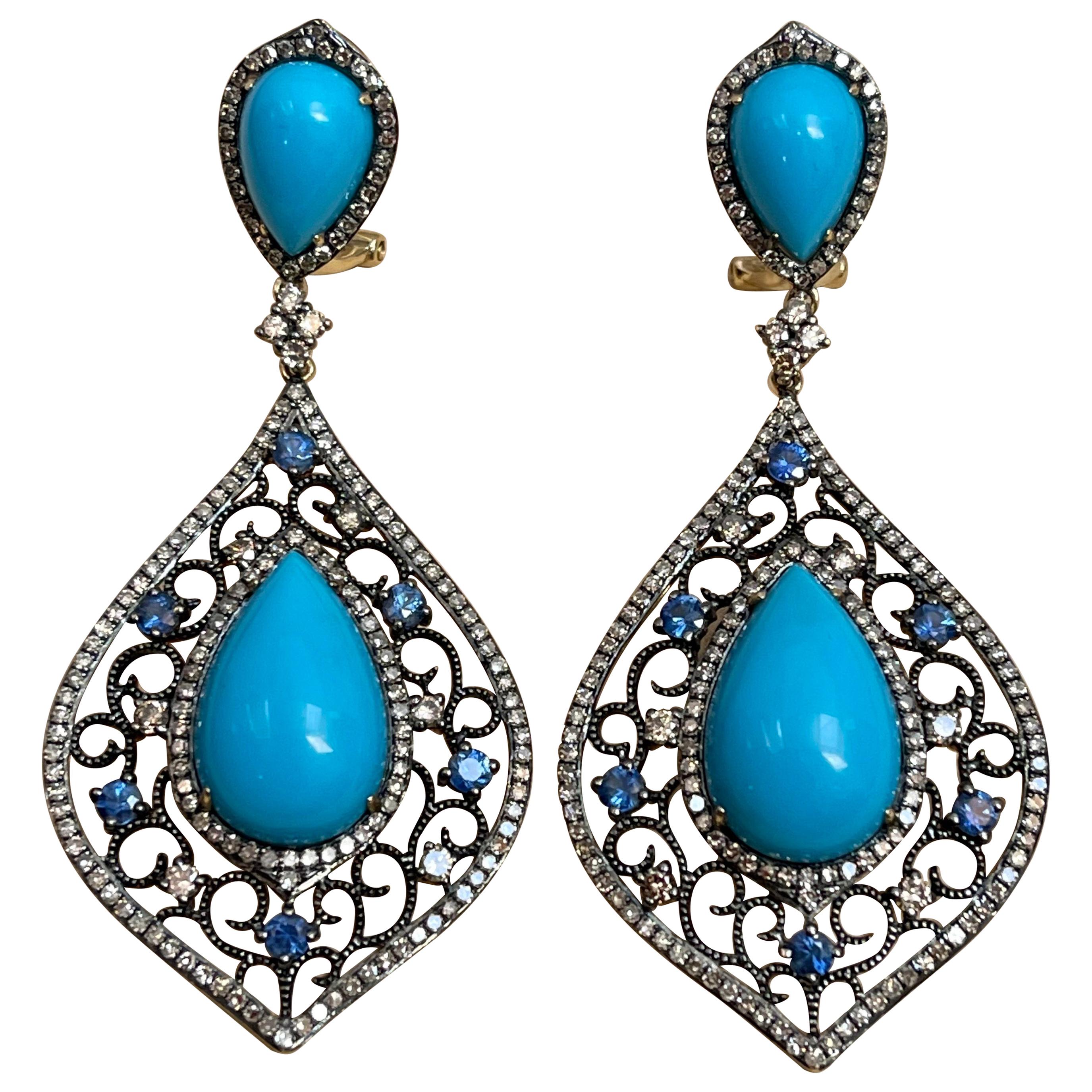 Turquoise, Champagne Diamond & Sapphire Dangling Earring in 14 Karat Yellow Gold