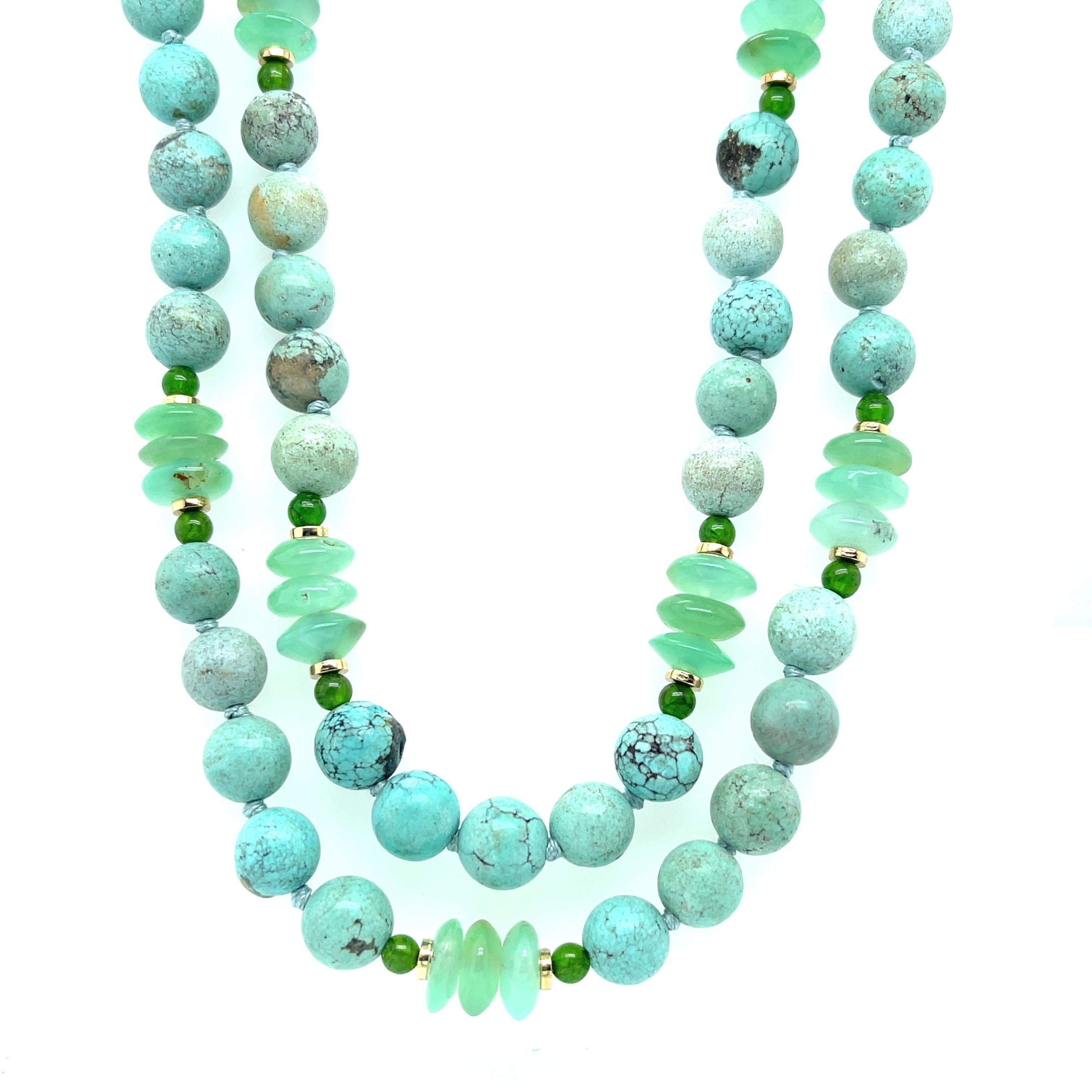 Beautiful greenish blue turquoise is paired with bright chrome diopside and elegant chrysoprase in this pretty necklace that is perfect for all seasons! The 8mm round turquoise has lovely color and subtle veining that gives each bead its own