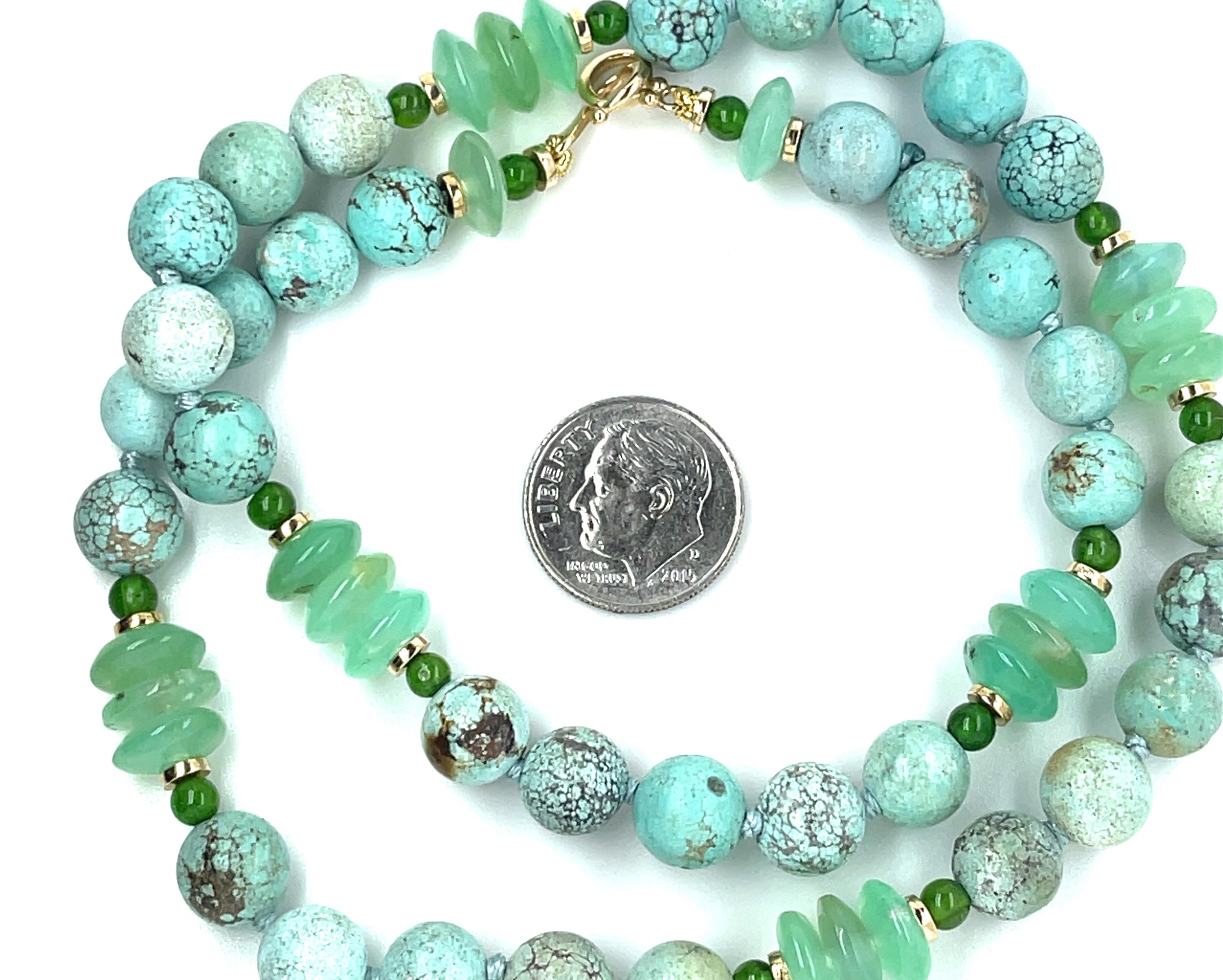 Turquoise, Chrome Diopside and Chrysoprase Necklace, 18 Inches In New Condition In Los Angeles, CA