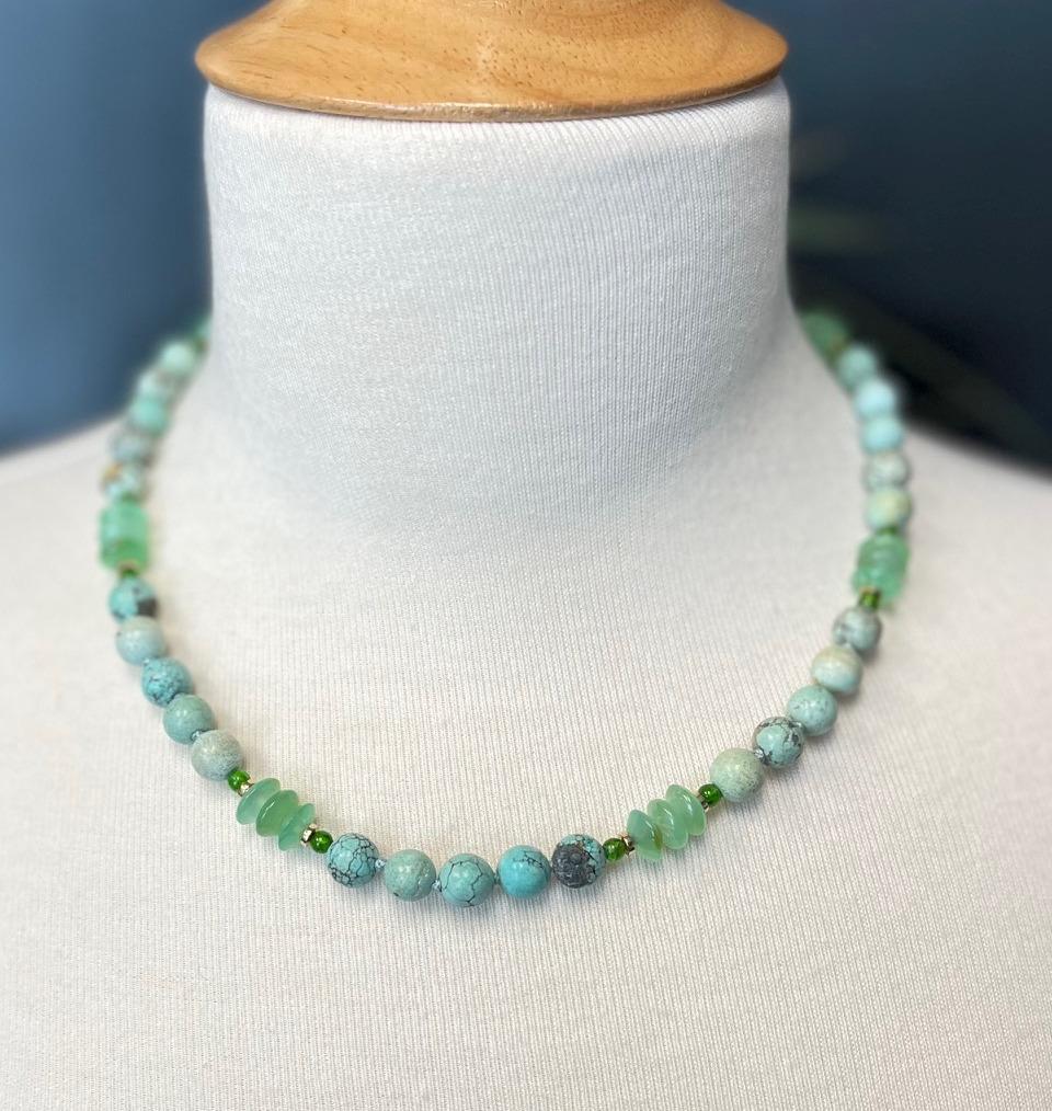 Women's or Men's Turquoise, Chrome Diopside and Chrysoprase Necklace, 18 Inches
