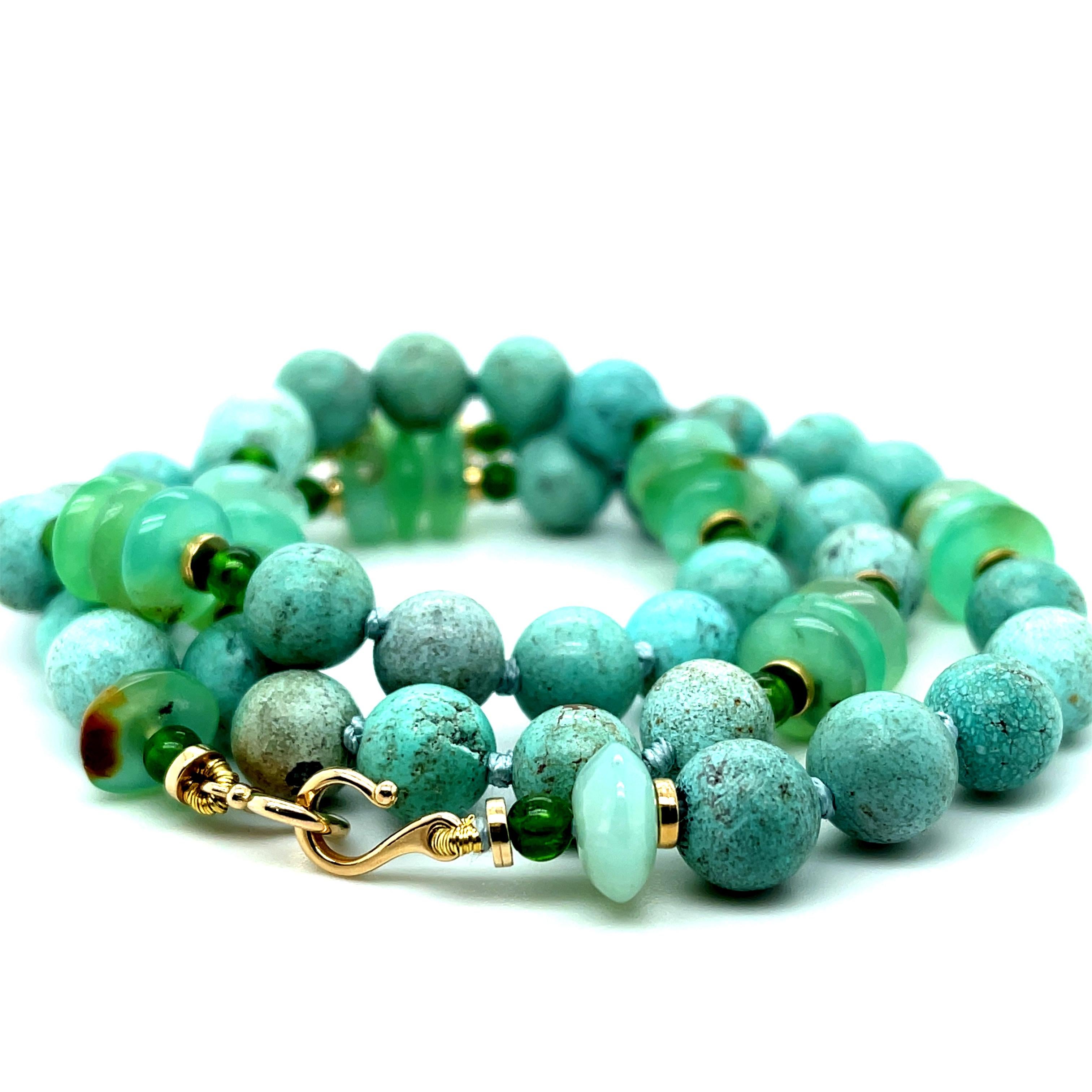 Beautiful greenish blue turquoise is paired with bright chrome diopside and elegant chrysoprase in this pretty necklace that is perfect for all seasons! The 8mm round turquoise has lovely color and subtle veining that gives each bead its own