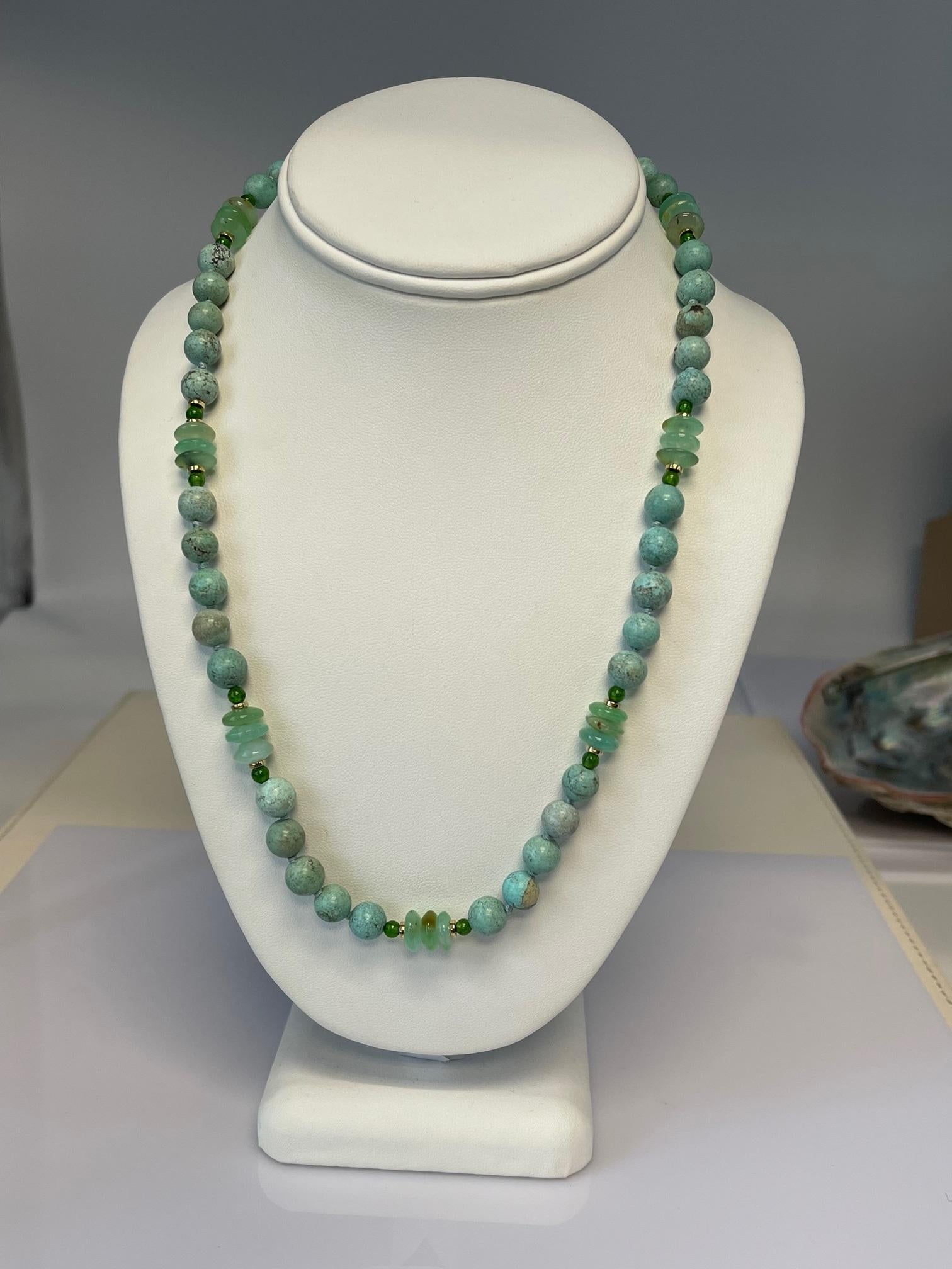 Turquoise, Chrome Diopside and Chrysoprase Necklace, 21 Inches For Sale 1