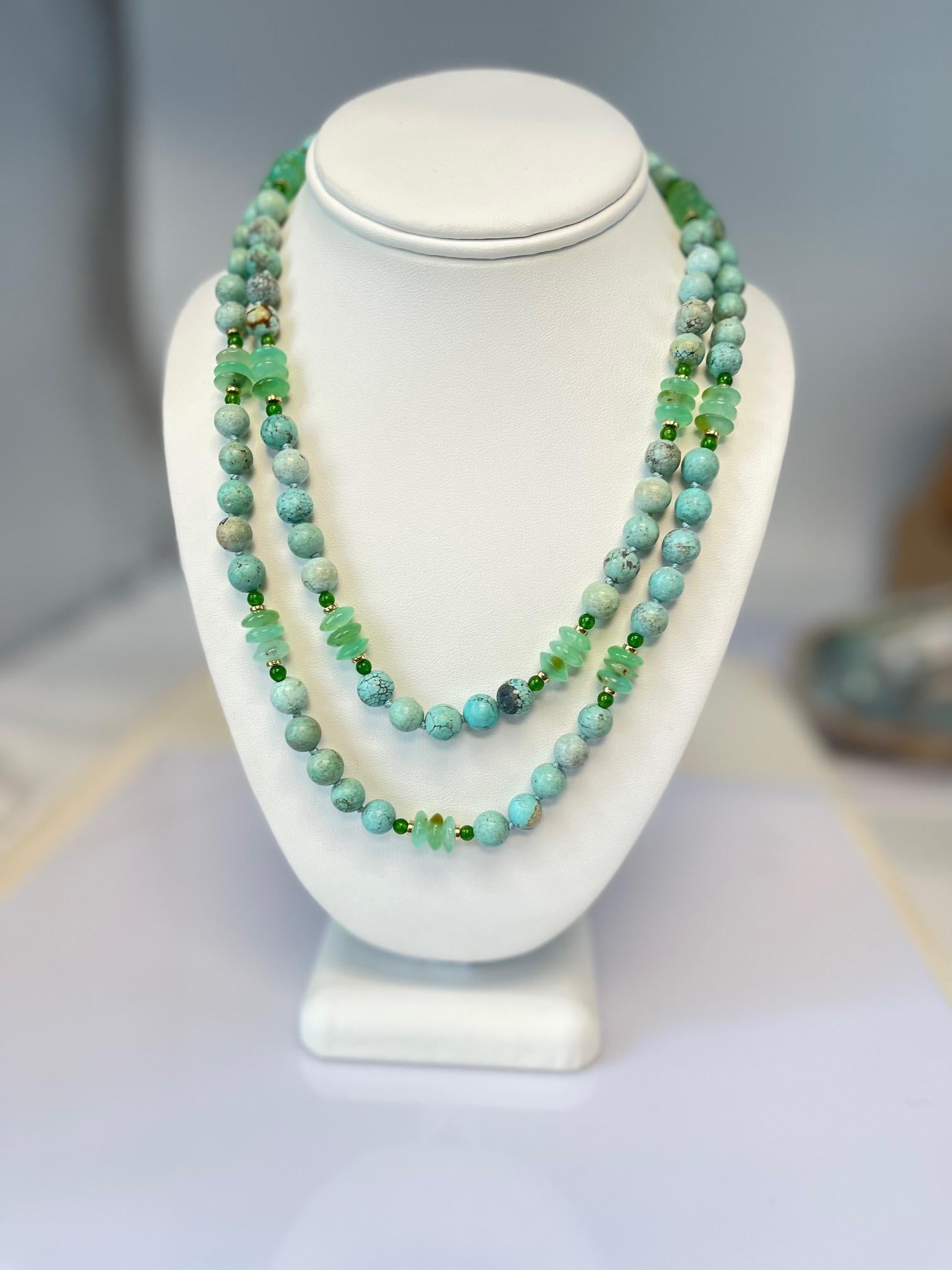 Turquoise, Chrome Diopside and Chrysoprase Necklace, 21 Inches For Sale 2