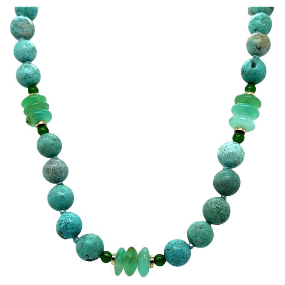 Turquoise, Chrome Diopside and Chrysoprase Necklace, 21 Inches For Sale