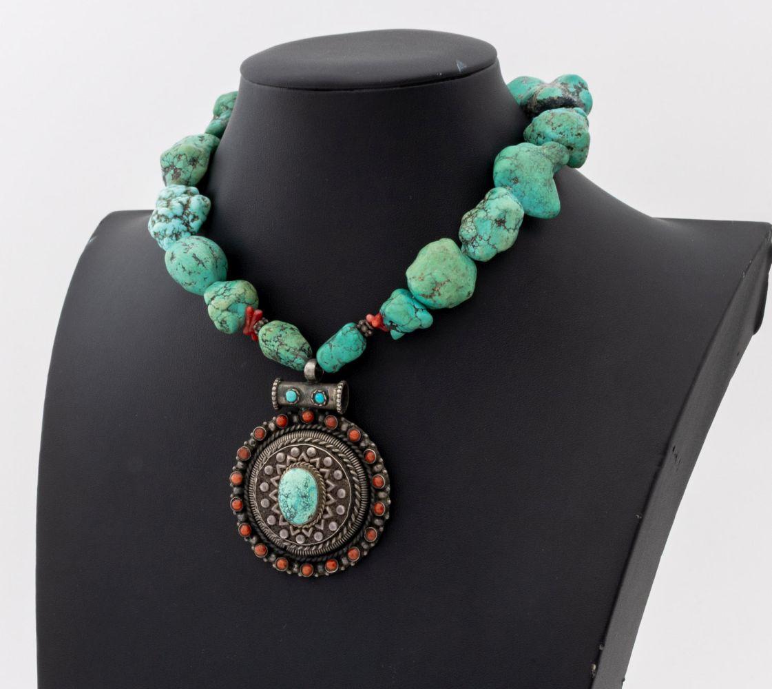 Turquoise Chunk and Red Coral Sterling Silver Pendant Necklace, the pendant struck 