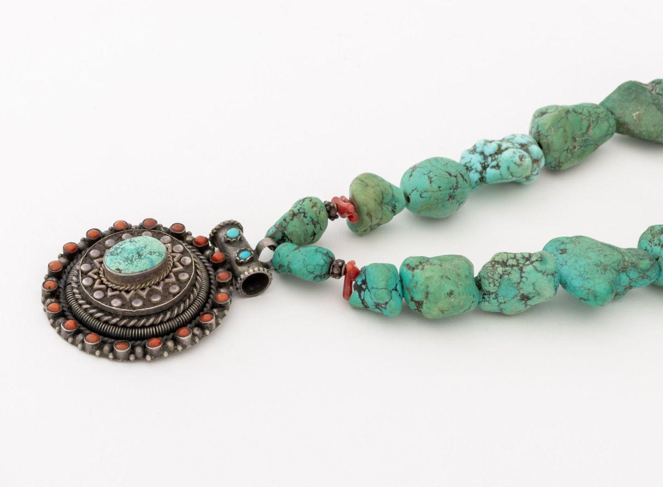 Uncut Turquoise Chunk Red Coral Silver Pendant Necklace For Sale