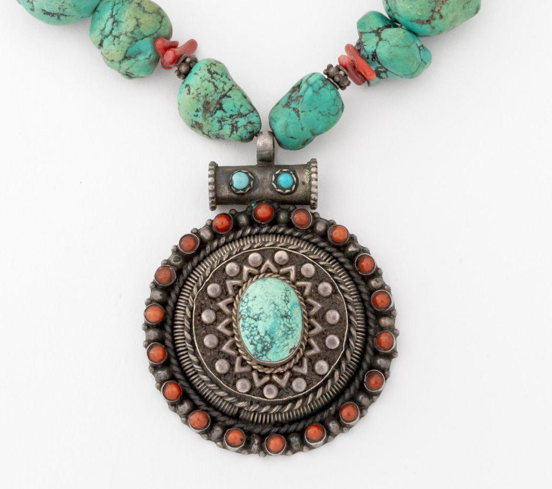 Women's Turquoise Chunk Red Coral Silver Pendant Necklace For Sale