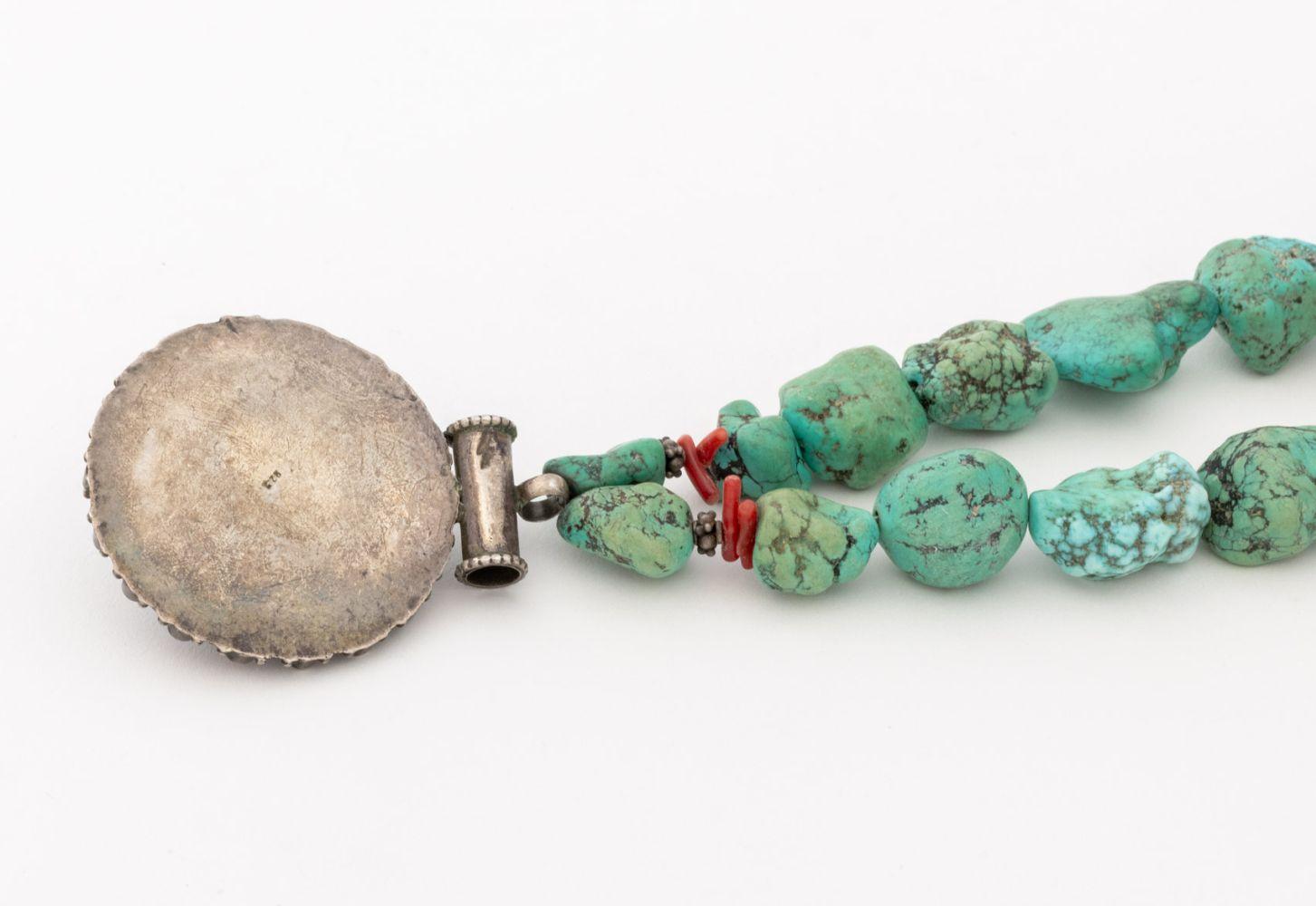 Turquoise Chunk Red Coral Silver Pendant Necklace For Sale 1