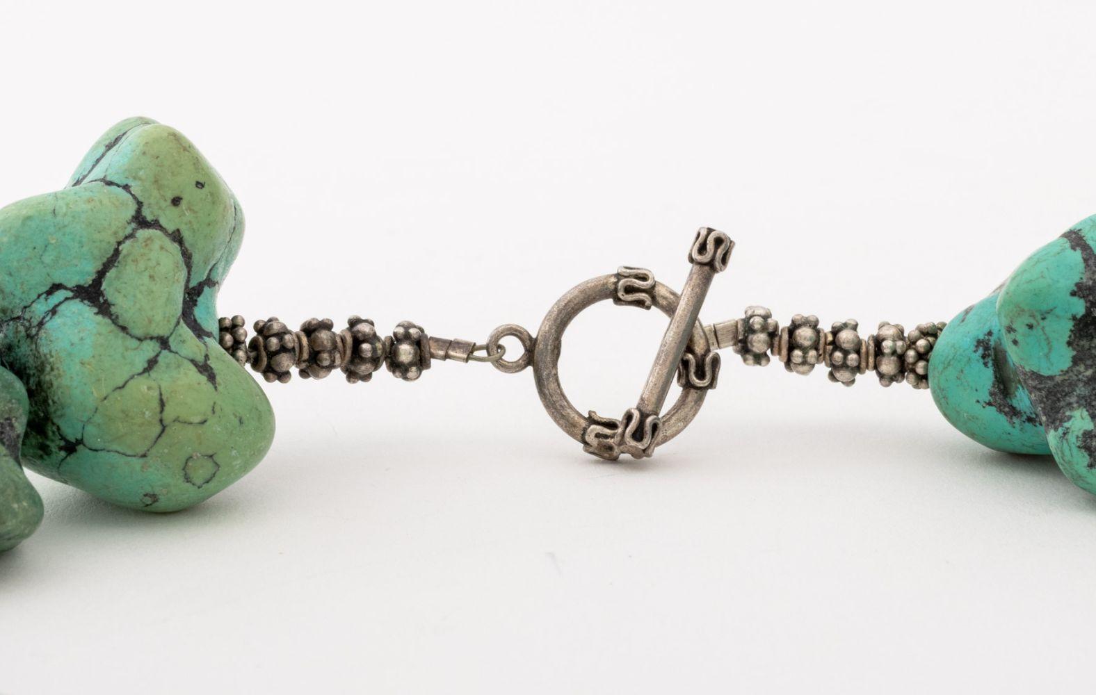 Turquoise Chunk Red Coral Silver Pendant Necklace For Sale 3