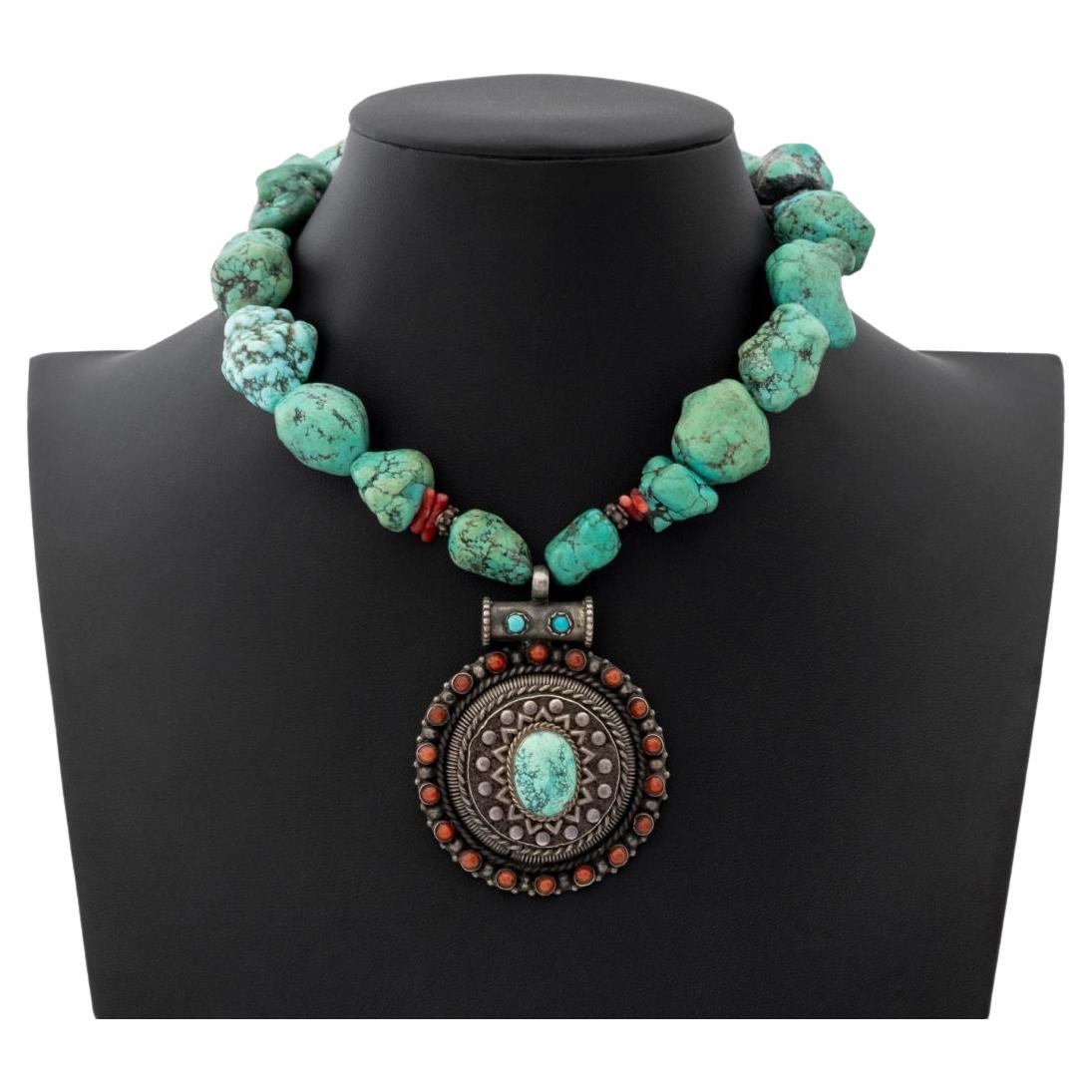 Turquoise Chunk Red Coral Silver Pendant Necklace For Sale