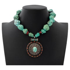 Turquoise Chunk Red Coral Silver Pendant Necklace