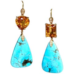 18 Karat Gelbgold Türkis-Citrin und Diamant-Tropfen-Ohrringe