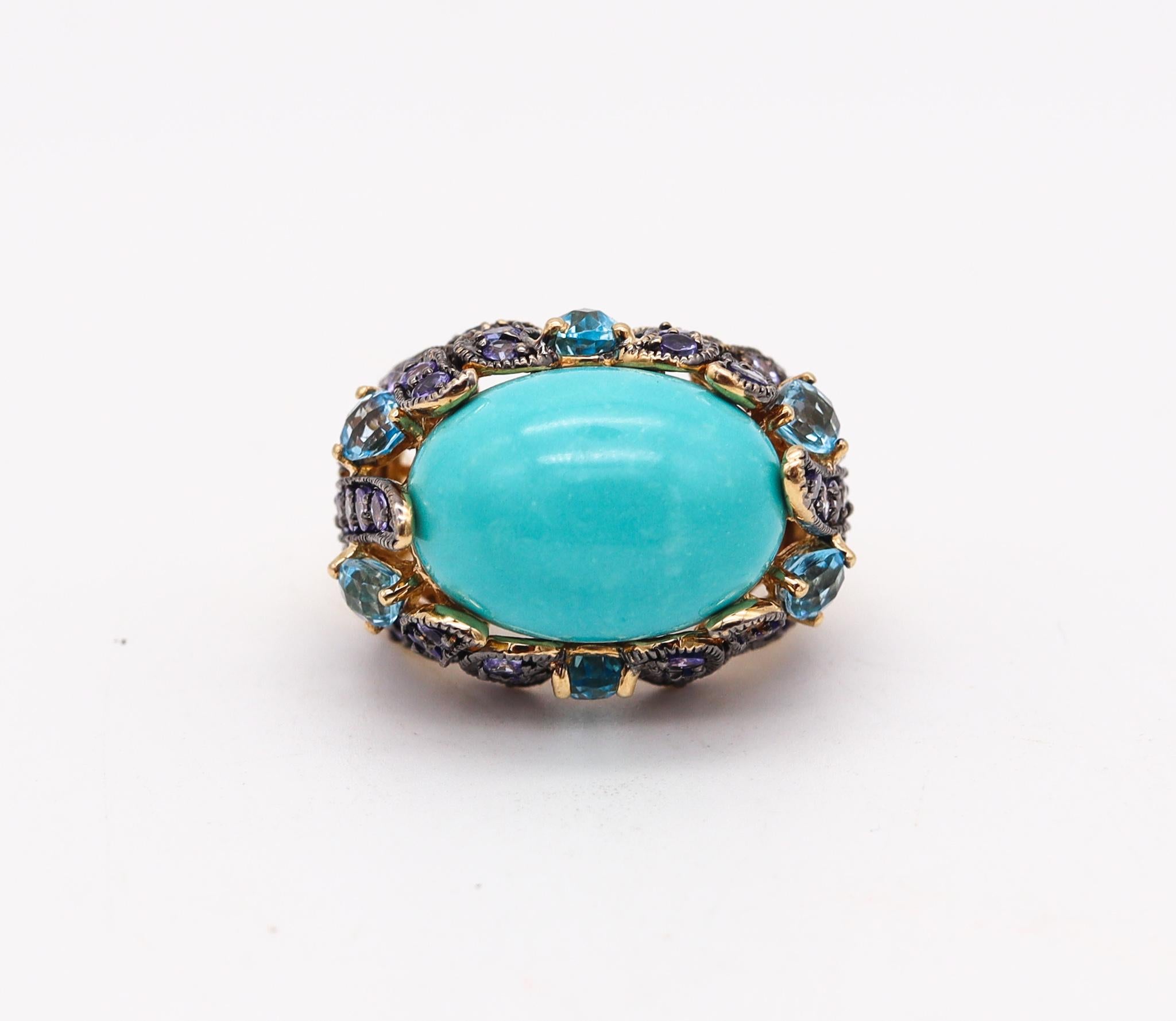 Contemporary Carlo Viani Turquoise Cocktail Ring in 18Kt Gold with 26.64 Cts Iolites & Topaz