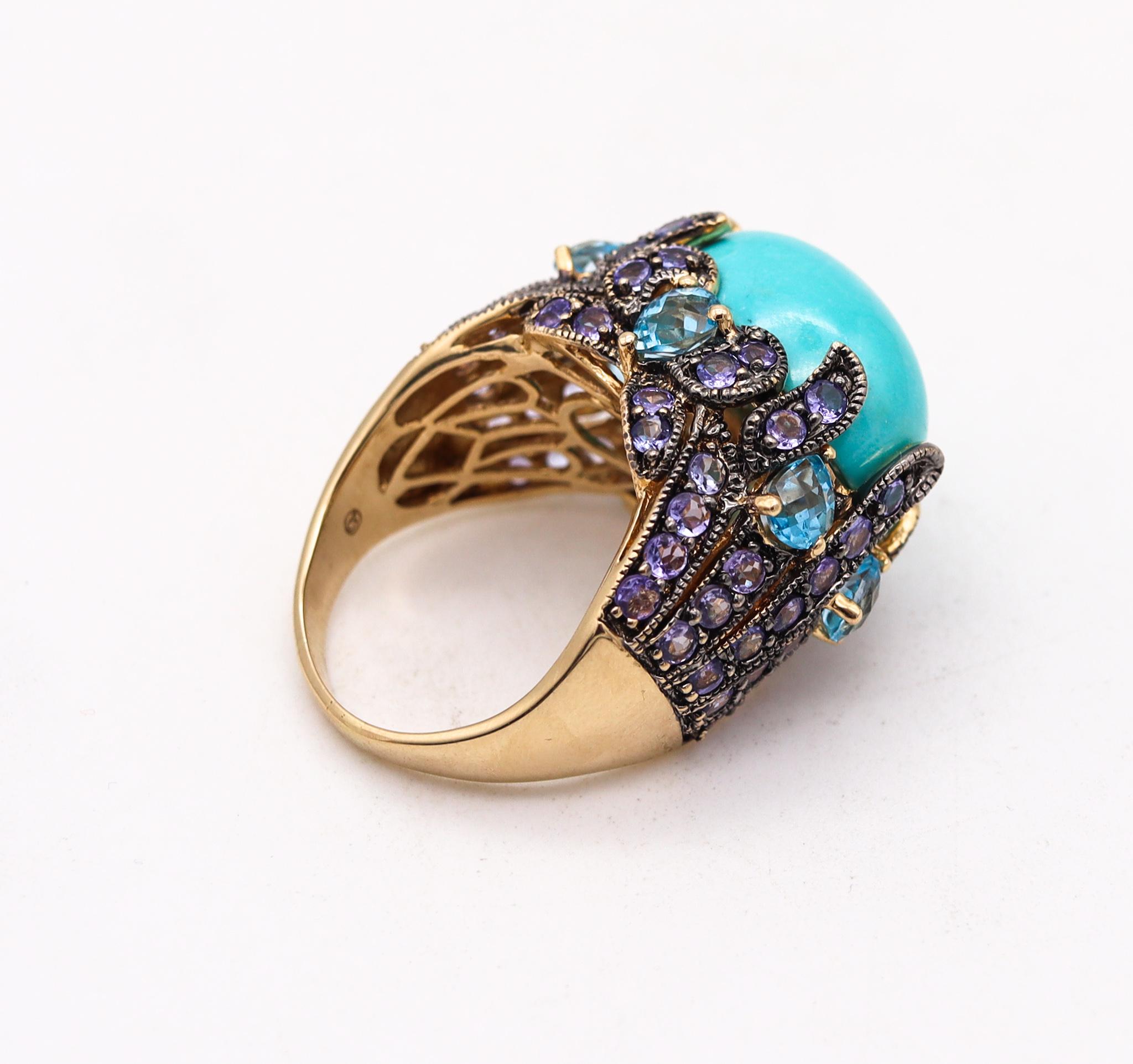 Mixed Cut Carlo Viani Turquoise Cocktail Ring in 18Kt Gold with 26.64 Cts Iolites & Topaz