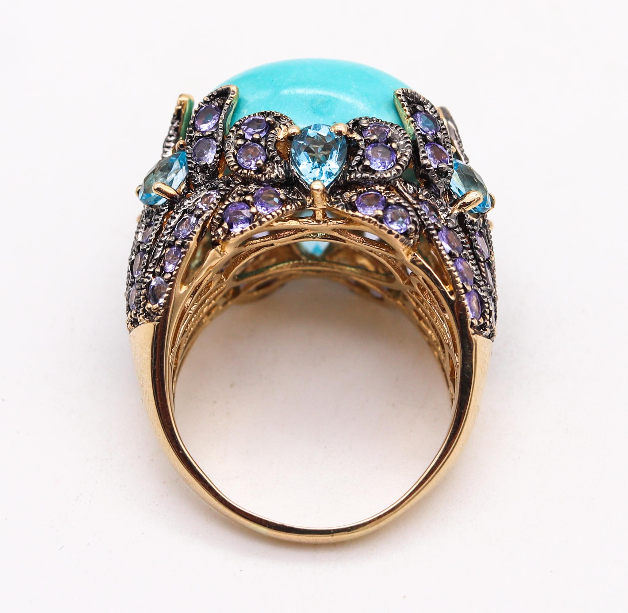 Carlo Viani Turquoise Cocktail Ring in 18Kt Gold with 26.64 Cts Iolites & Topaz In Excellent Condition In Miami, FL