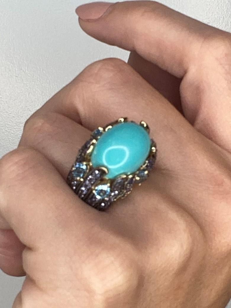 Carlo Viani Turquoise Cocktail Ring in 18Kt Gold with 26.64 Cts Iolites & Topaz 1