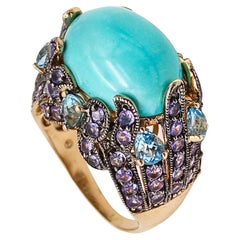 Turquoise Cluster Cocktail Ring in 18Kt Gold with 26.64 Cts in Iolites and Topaz