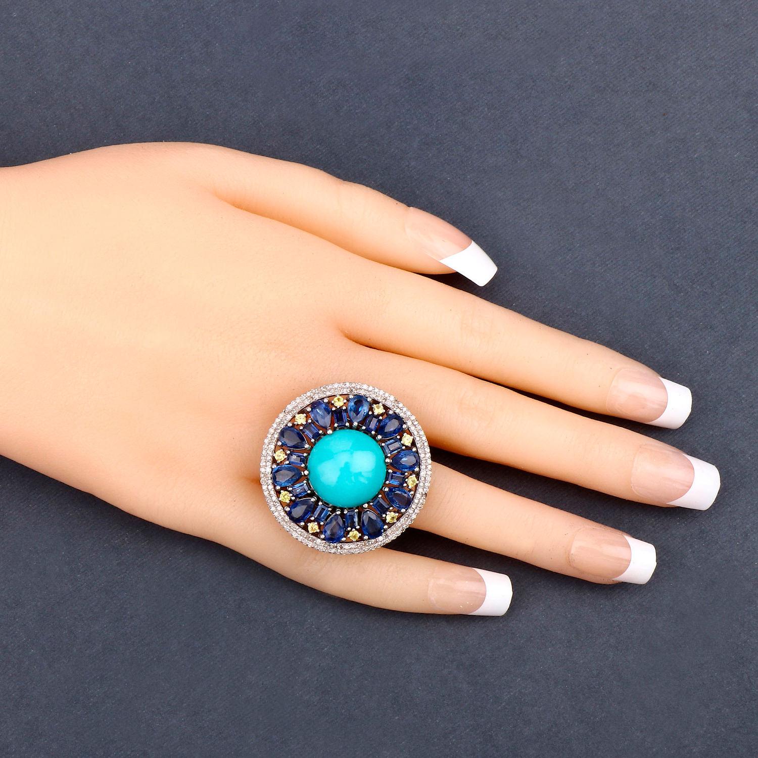 It comes with the Gemological Appraisal by GIA GG/AJP
All Gemstones are Natural in Origin
Gemstones: Turquoise, Kyanites, Diamonds, Lemon Quartz
Total Carat Weight: 18 Carats
Metal: Black Rhodium Plated Silver
Ring Diameter: 33 mm
Ring Size: 7.25*