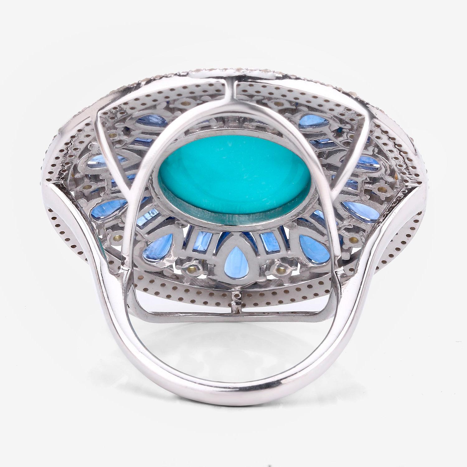 Cabochon Turquoise Cocktail Ring Kyanites and Diamonds  18 Carats For Sale
