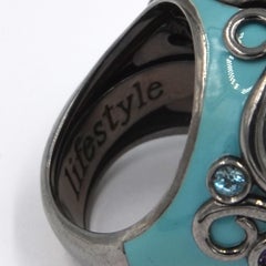 Turquoise Color Enamel Round Silver Ring with Amethyst and Blue Topaz