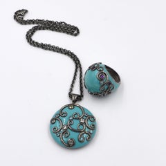 Turquoise Color Enamel Round Silver Ring with Amethyst and Blue Topaz