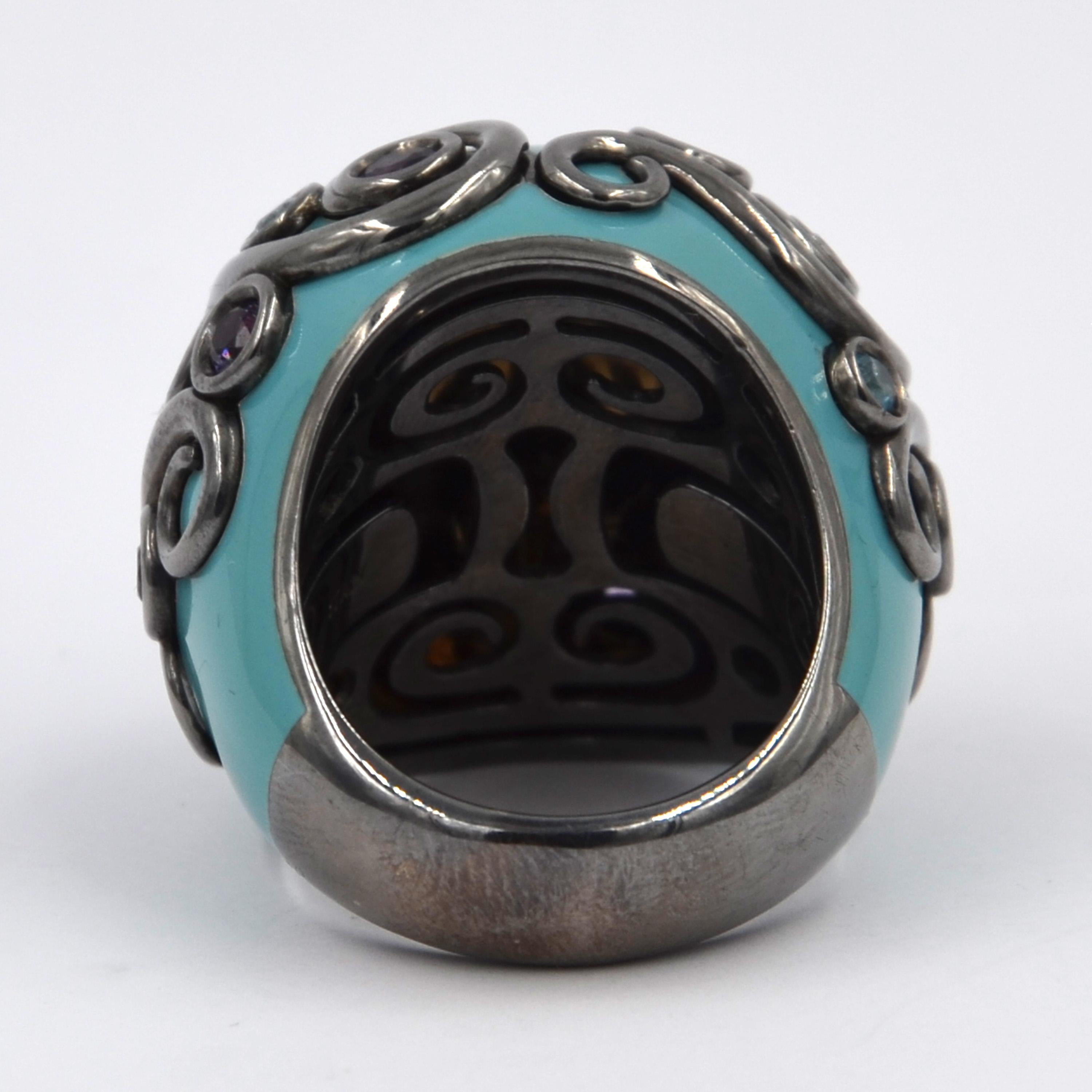 Modern Turquoise Color Enamel Round Silver Ring with Amethyst and Blue Topaz For Sale