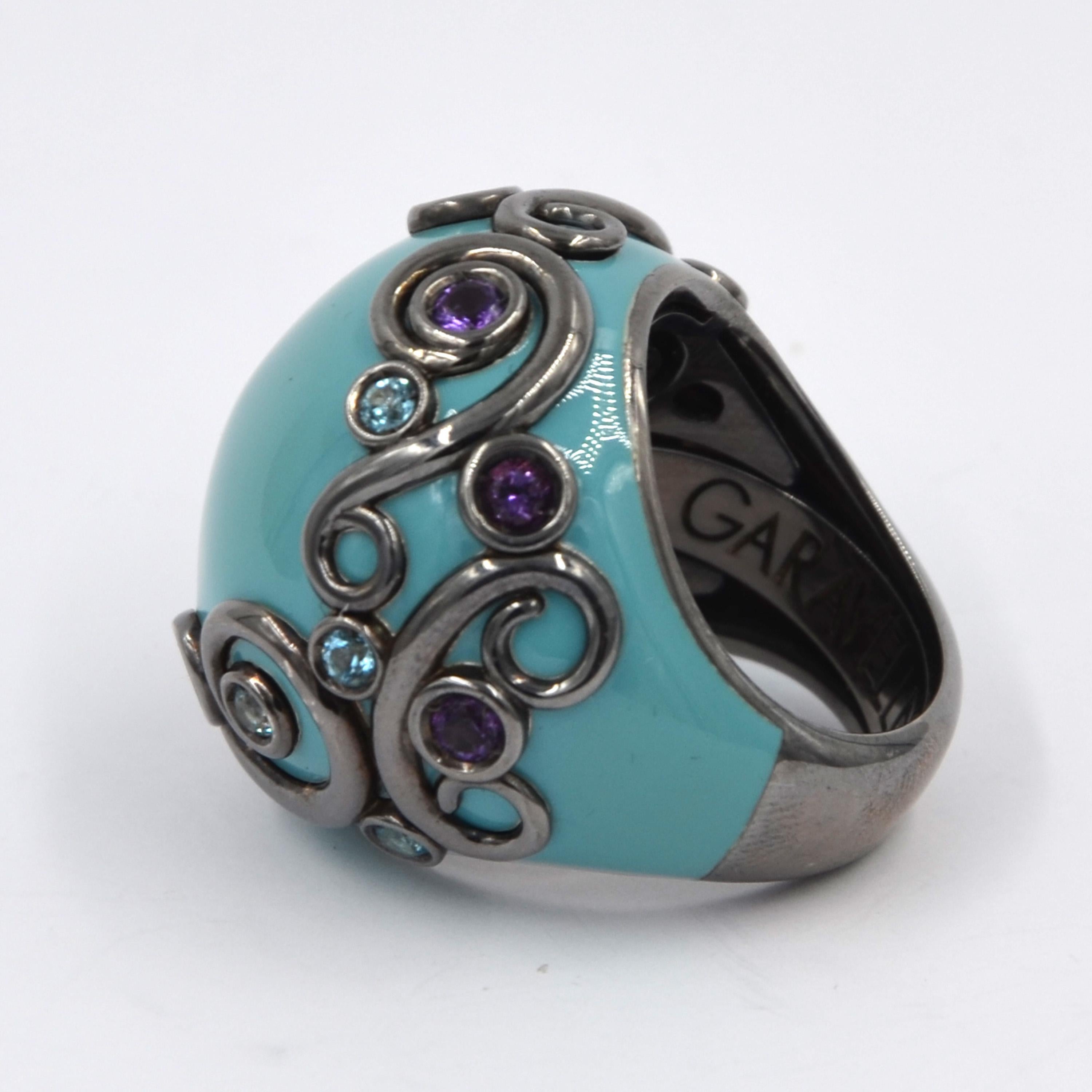 Round Cut Turquoise Color Enamel Round Silver Ring with Amethyst and Blue Topaz For Sale