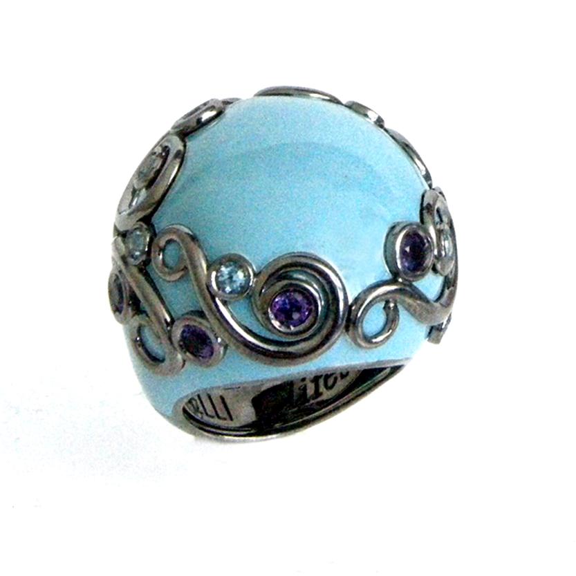 Turquoise Color Enamel Round Silver Ring with Amethyst and Blue Topaz For Sale 1