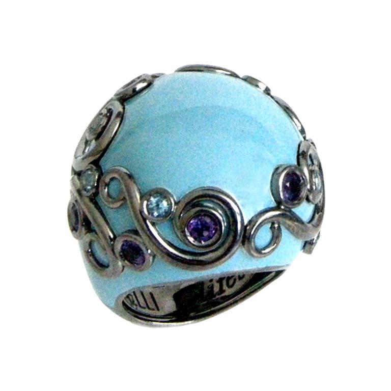 Turquoise Color Enamel Round Silver Ring with Amethyst and Blue Topaz For Sale