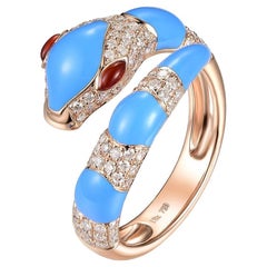 Turquoise Color Enamel Snake Diamond Ring in 18 Karat Yellow Gold