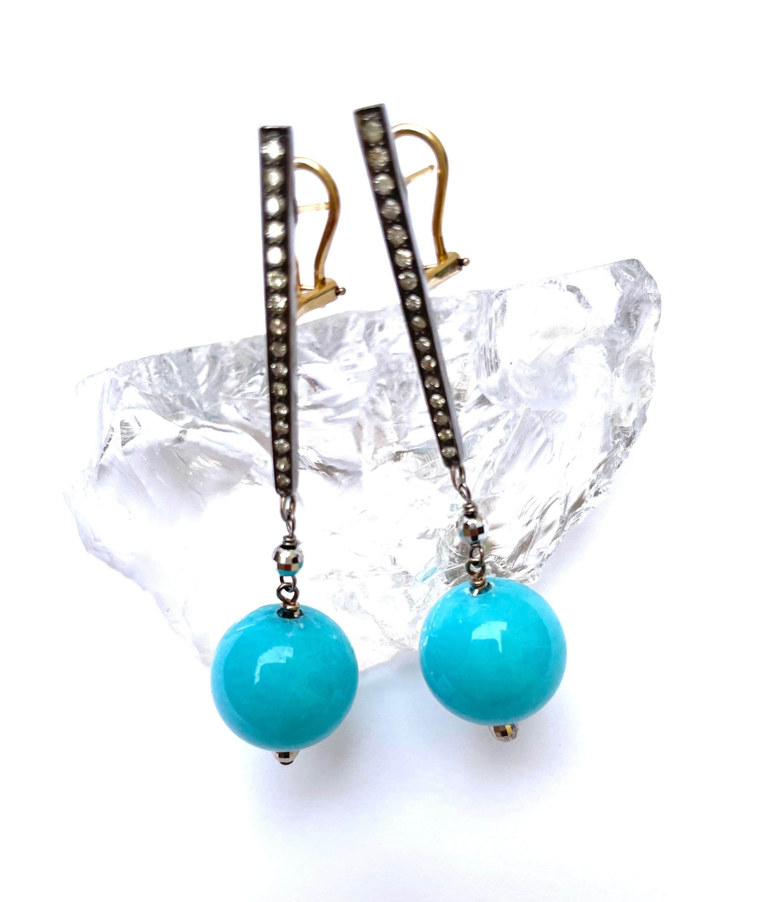 Artisan Turquoise Color Jade Earrings with Diamonds For Sale
