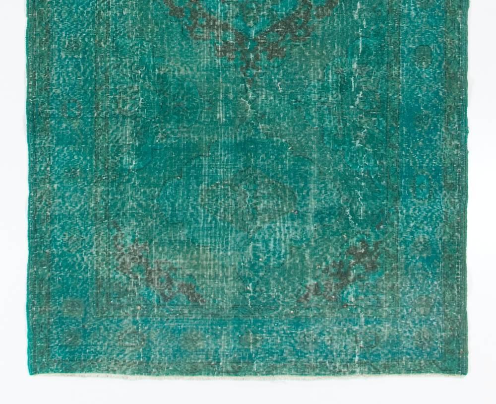 Hand-Knotted 5x13 Ft (can be altered) Vintage Runner Rug Overdyed in Teal 4 Modern Interiors For Sale