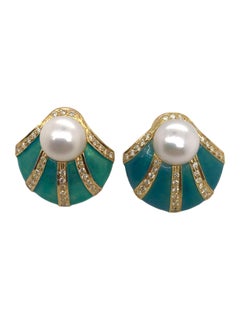 Turquoise Colored Enamel Shell Shaped Pearl & Diamond Earrings 18K Yellow Gold