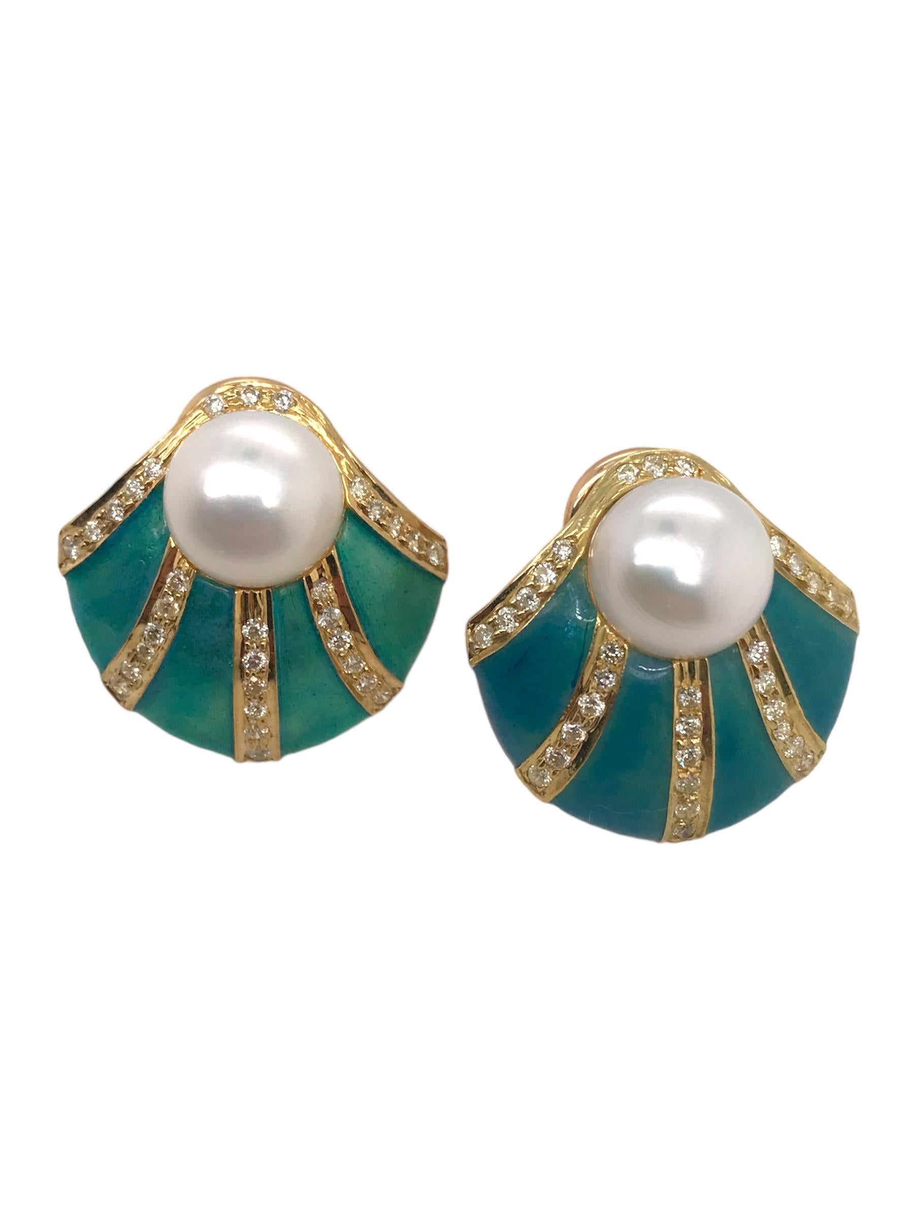 Contemporary Turquoise Colored Enamel Shell Shaped Pearl & Diamond Earrings 18K Yellow Gold
