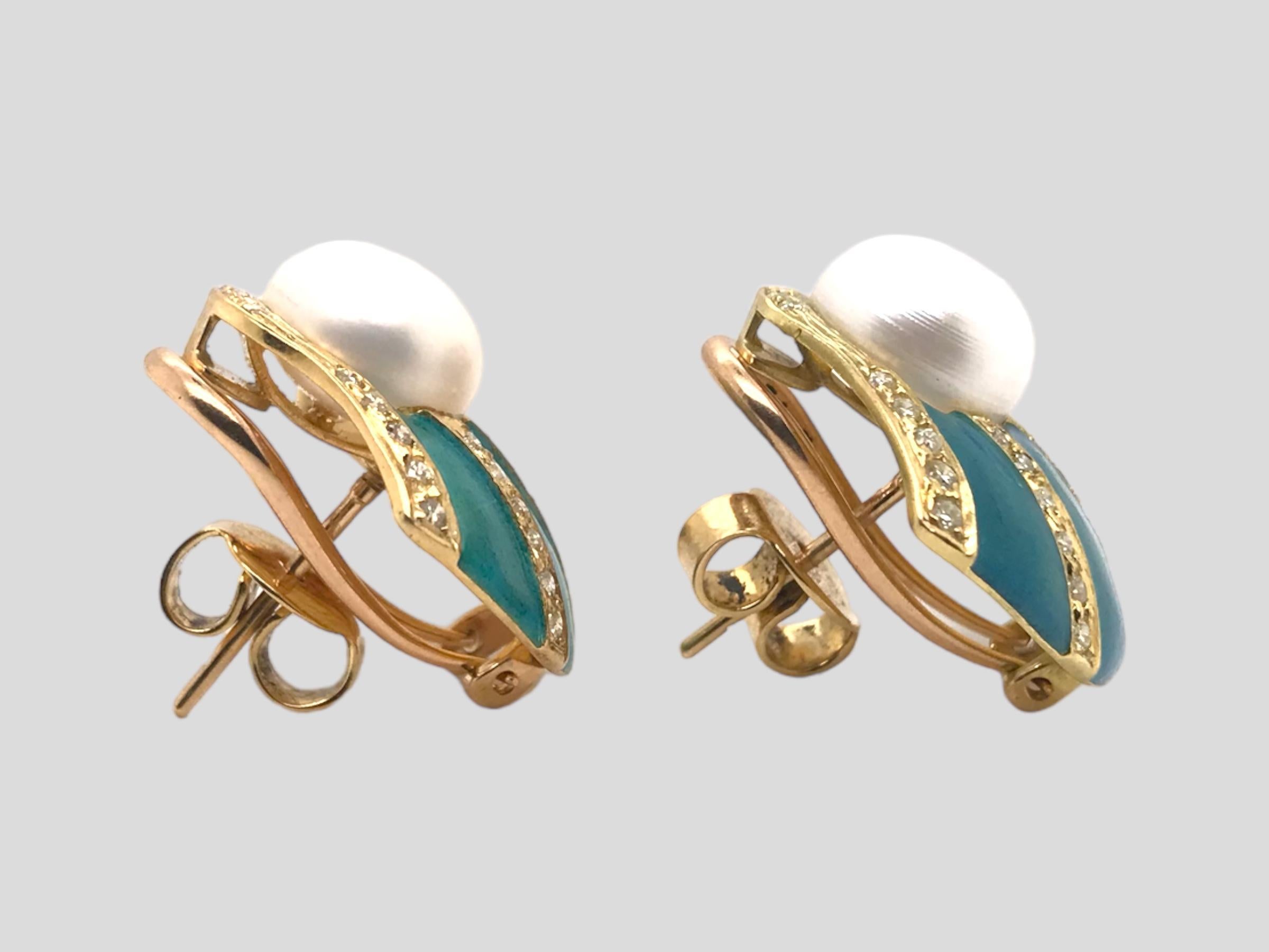 Brilliant Cut Turquoise Colored Enamel Shell Shaped Pearl & Diamond Earrings 18K Yellow Gold