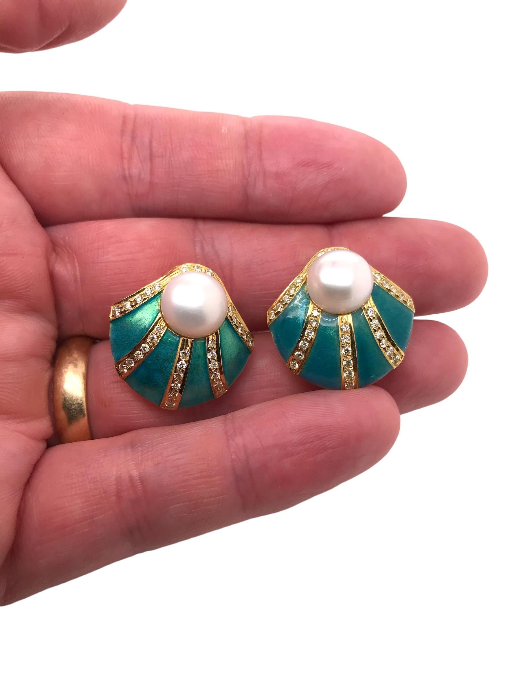 Turquoise Colored Enamel Shell Shaped Pearl & Diamond Earrings 18K Yellow Gold 1