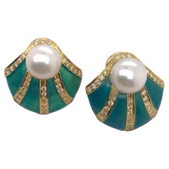 Retro Turquoise Colored Enamel Shell Shaped Pearl & Diamond Earrings 18K Yellow Gold