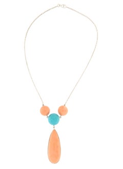 Turquoise Coral 18 Karat White Gold Pendant Necklace