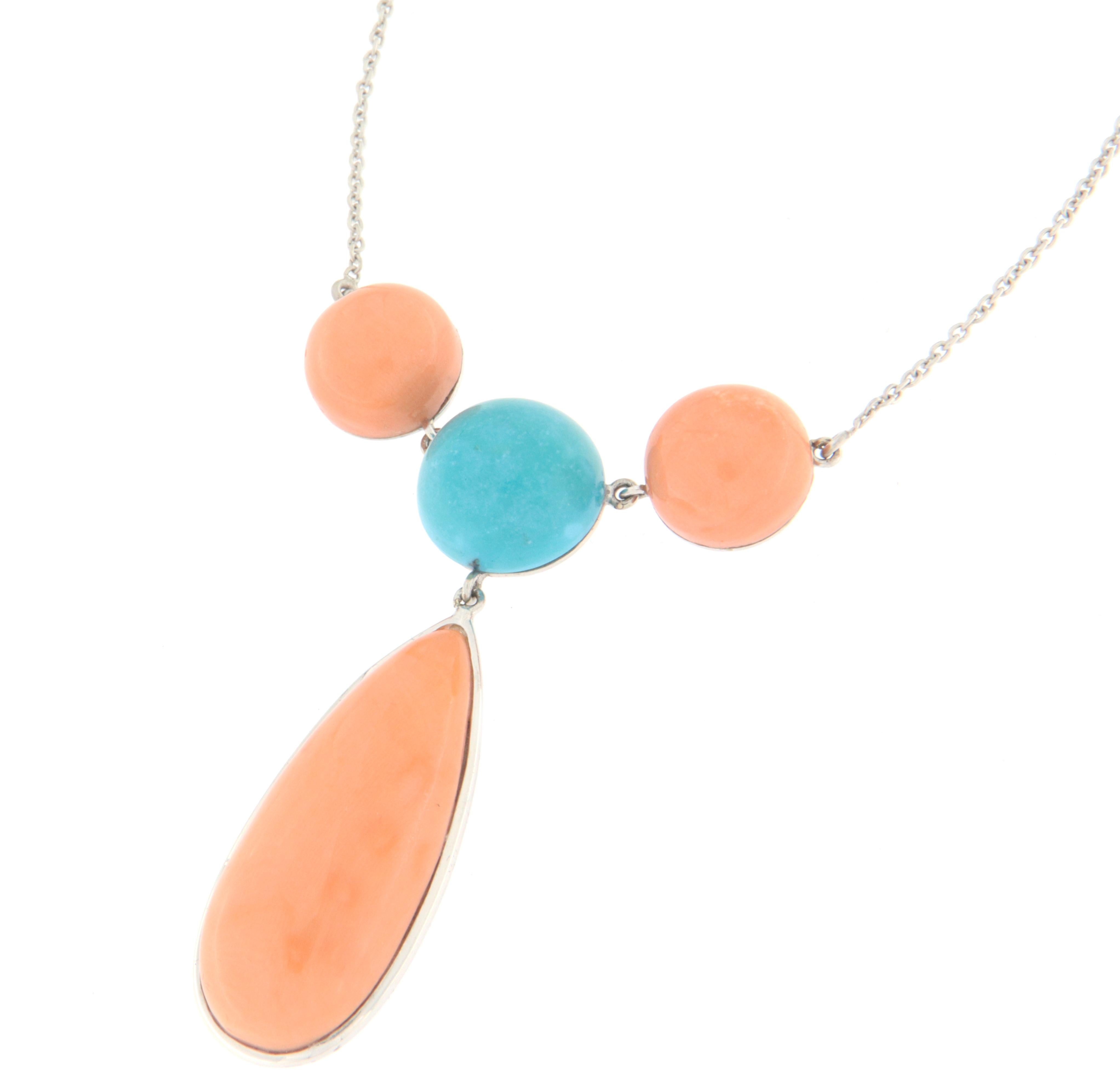 Artisan Turquoise Coral 18 Karat White Gold Pendant Necklace For Sale
