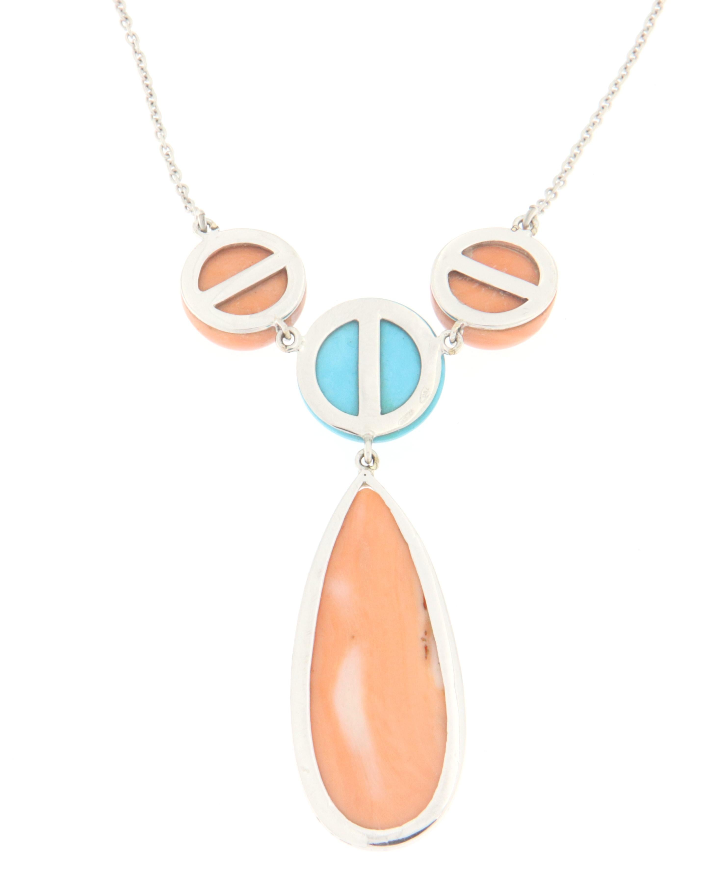 Round Cut Turquoise Coral 18 Karat White Gold Pendant Necklace For Sale