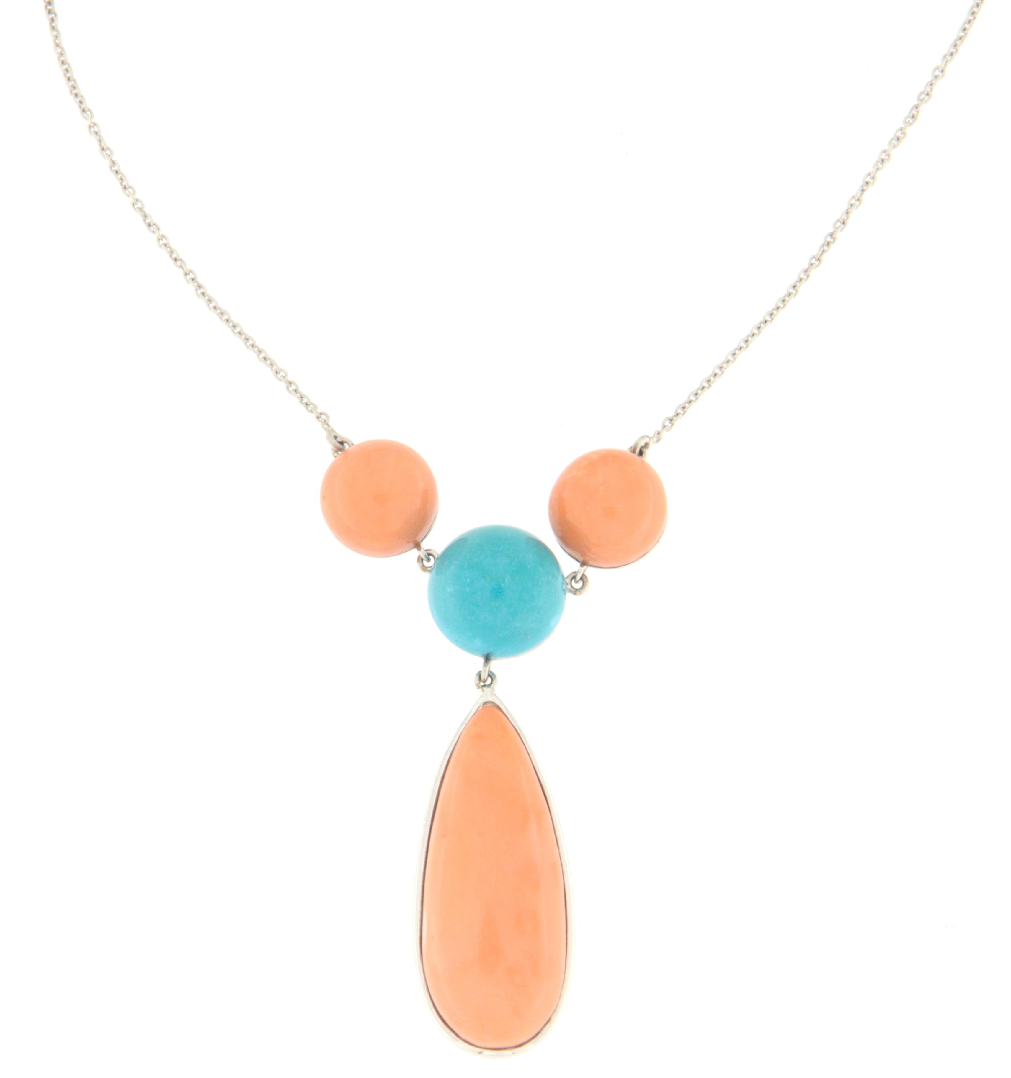 Turquoise Coral 18 Karat White Gold Pendant Necklace In New Condition For Sale In Marcianise, IT