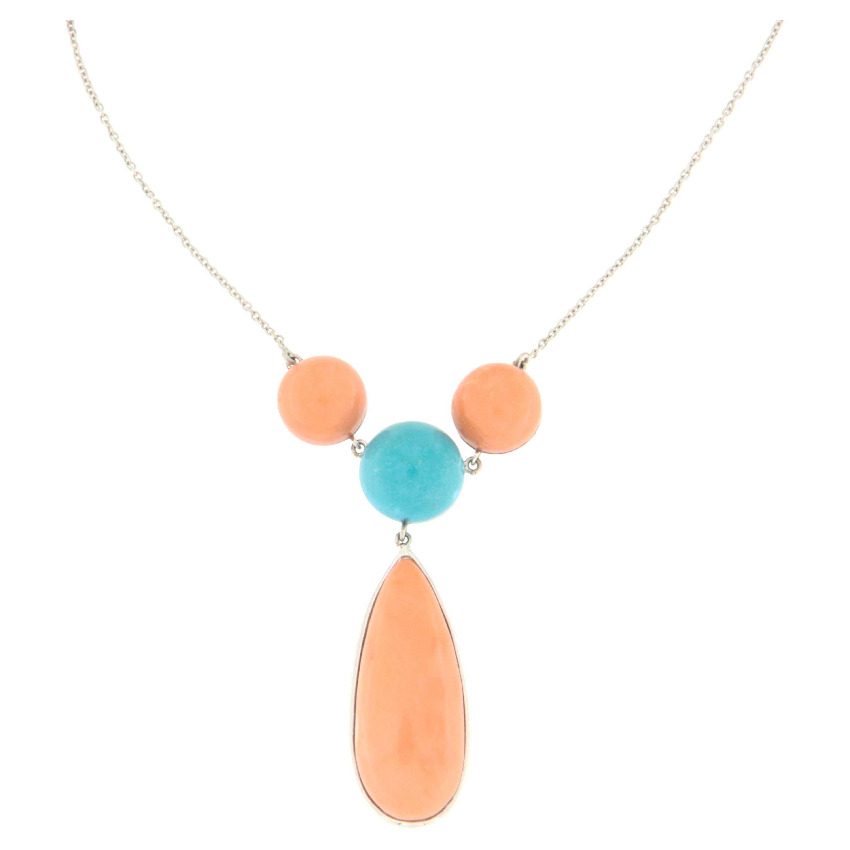 Turquoise Coral 18 Karat White Gold Pendant Necklace For Sale