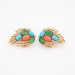 Turquoise, Coral and Jade "Jewels of India" Earrings By Crown Trifari, 1960s
