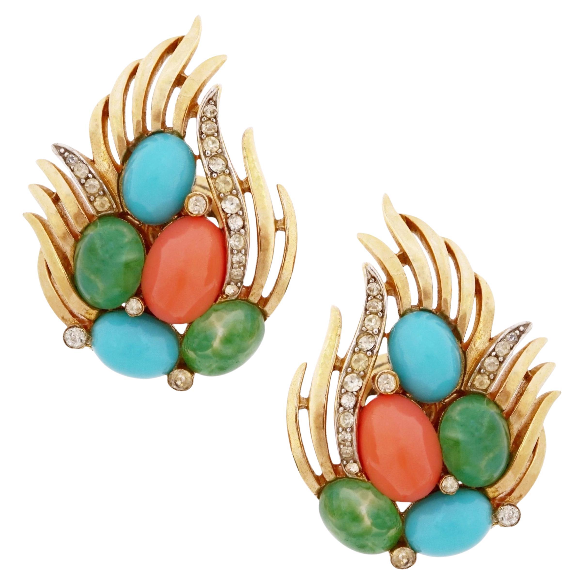 Turquoise, Coral and Jade "Jewels of India" Earrings By Crown Trifari, 1960s