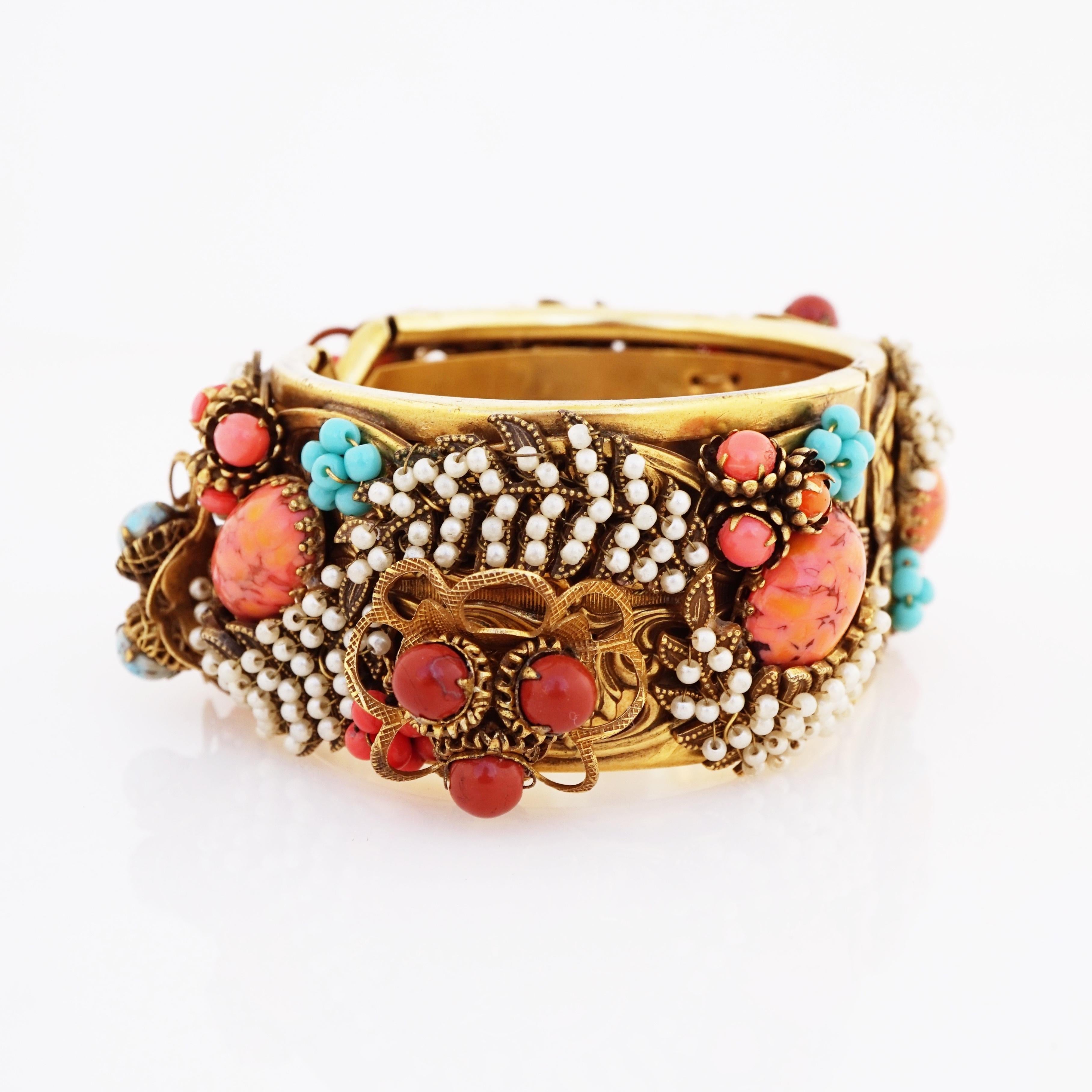 Modern Turquoise, Coral and Seed Pearl Encrusted Hinged Bracelet By Sandor, 1950s For Sale