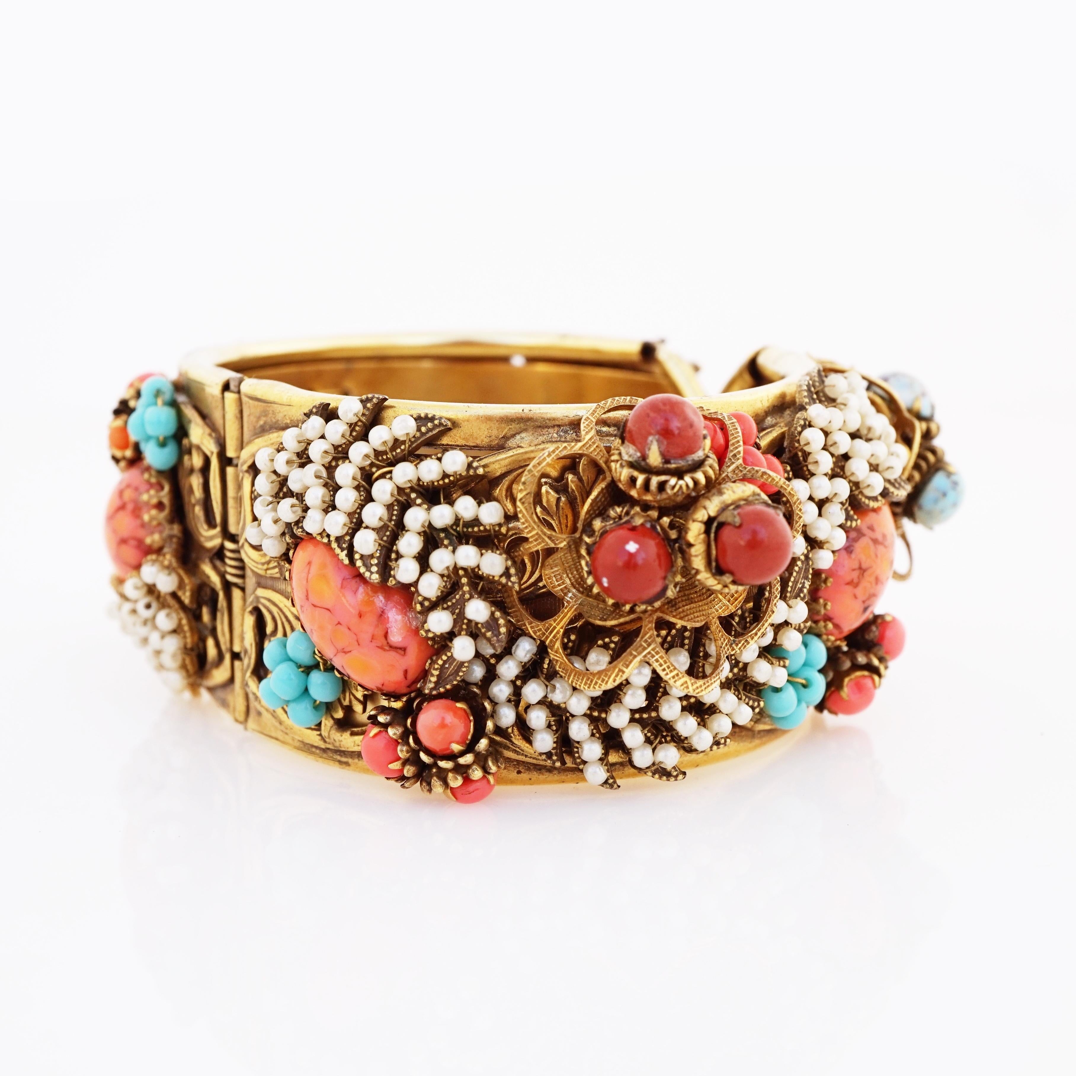 Turquoise, Coral and Seed Pearl Encrusted Hinged Bracelet By Sandor, 1950s In Good Condition For Sale In McKinney, TX